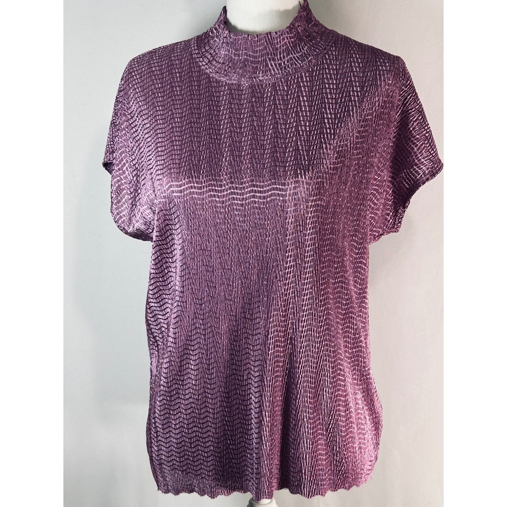 TanJay‎ Womens Purple Textured Crinkle Mock Neck Short Sleeve Blouse Top Large